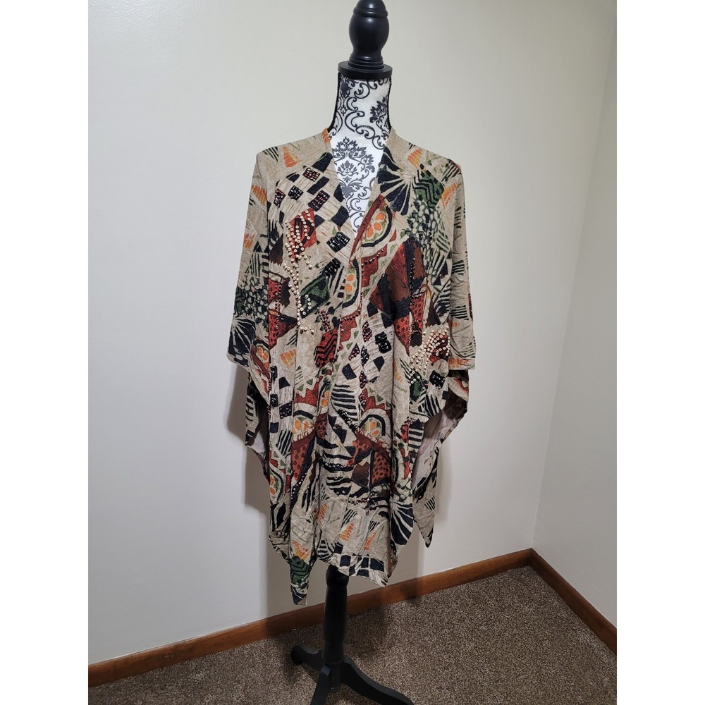 Chico's Kimono Wrap Womens OS Multi Color Beaded‎ Abstract Geometric